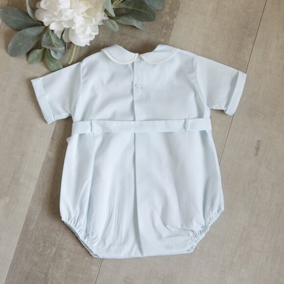RARE Blue Heirloom PinTucked Button Belted Creeper Feltman Brothers 3 Months NEW - Picture 3 of 4